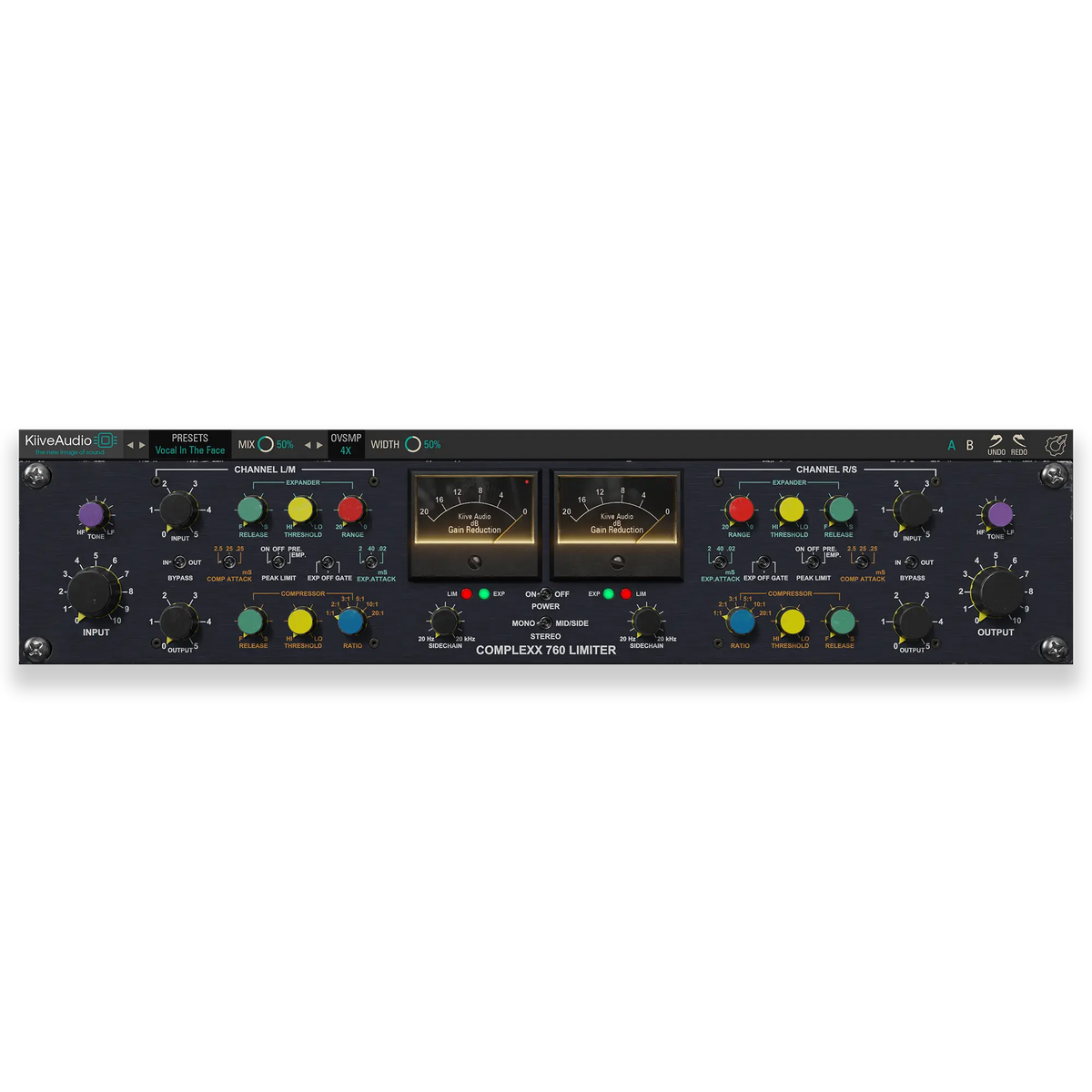 Audio processing unit with various knobs and meters on a white background