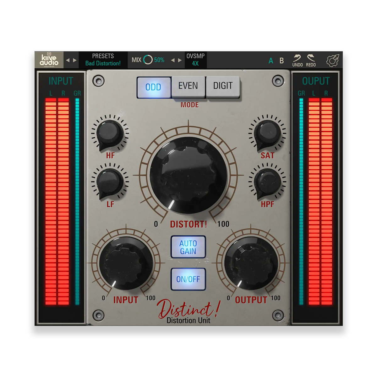 Audio processing unit with various knobs and indicators on a white background