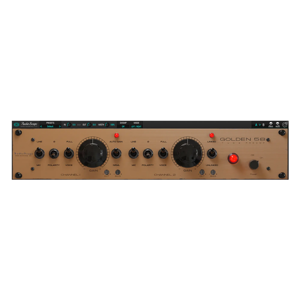 Audio interface with knobs and buttons on a beige background