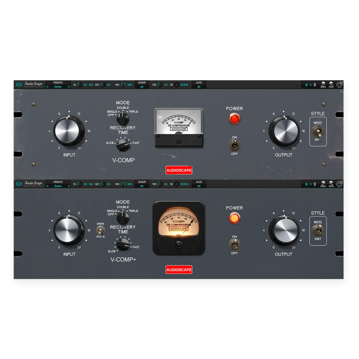 Audio interface with control knobs and display on a white background