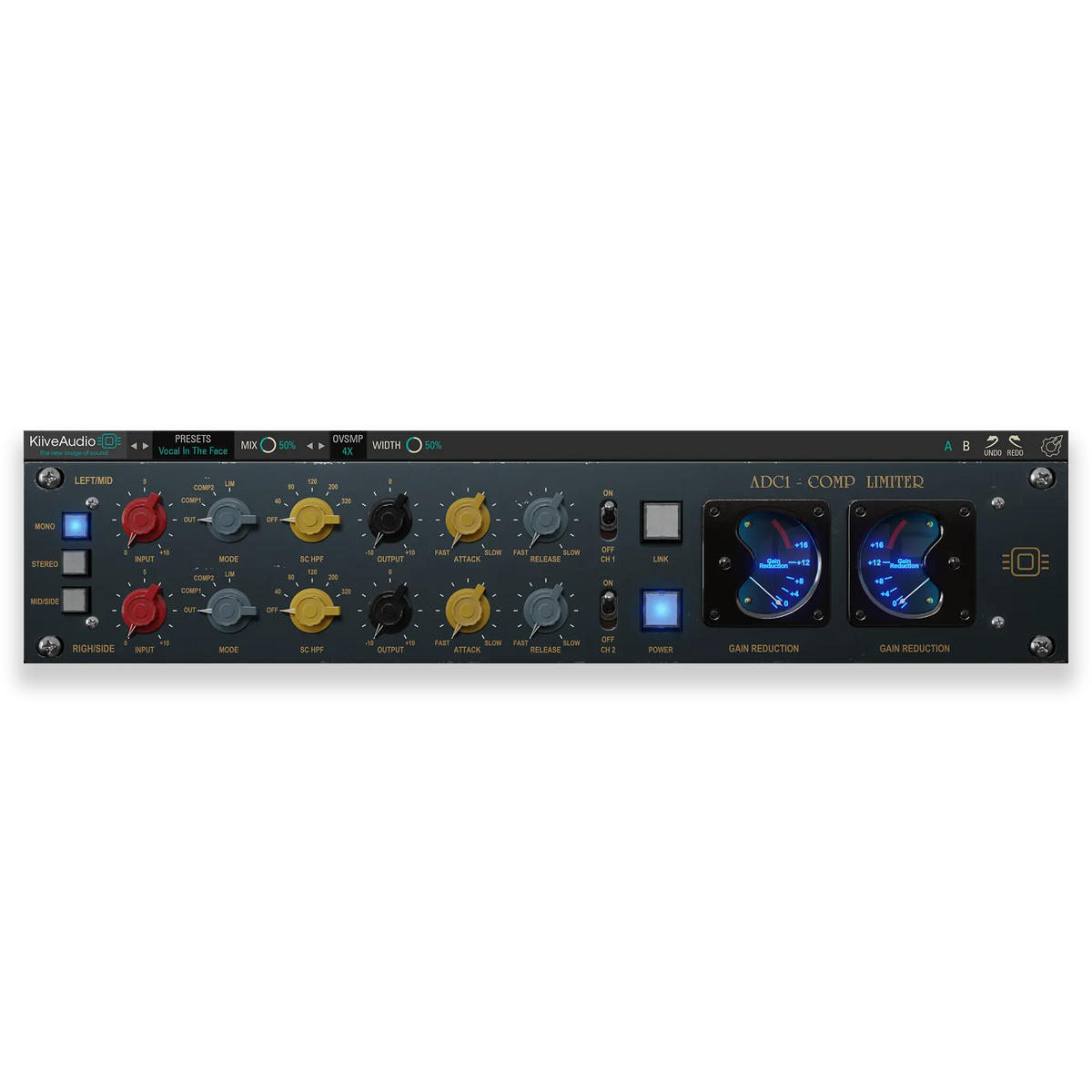 Audio processing unit with various knobs and display on a white background