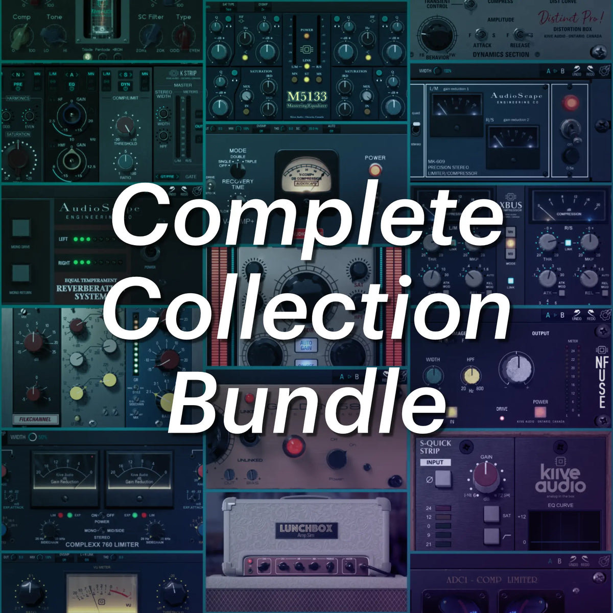 Collage of audio equipment with text 'Complete Collection Bundle' on a dark blue background