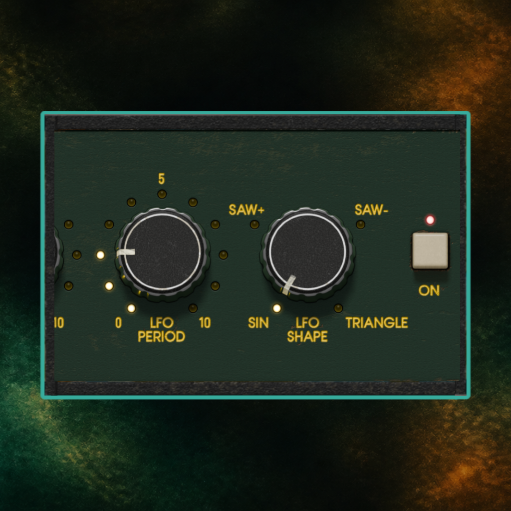 A modulation or LFO control panel with two black rotary knobs, yellow text labels, and a light switch, set against a dark textured background.