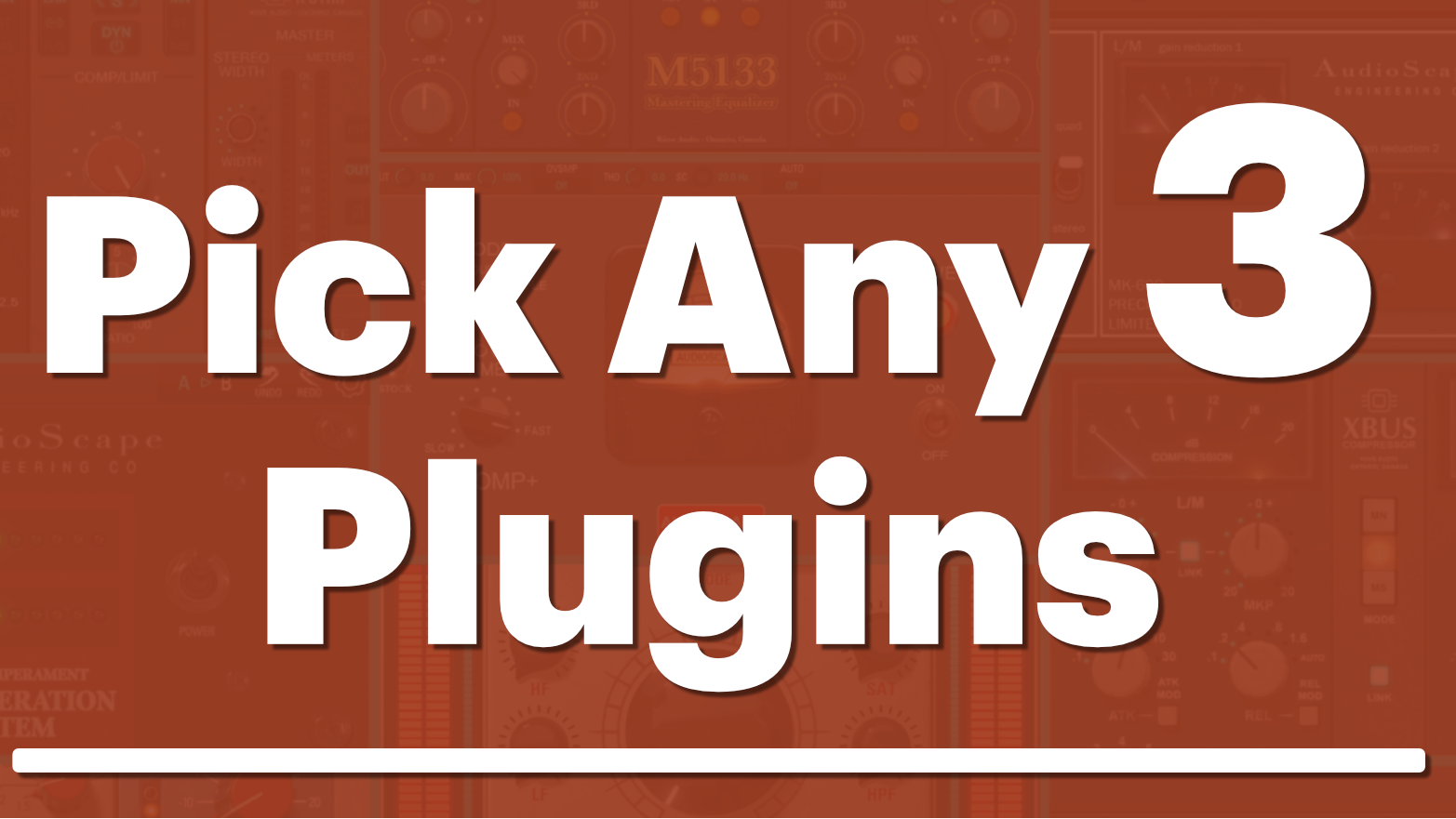 Promotional text for picking any 3 plugins for $159 on a red background with audio equipment icons.