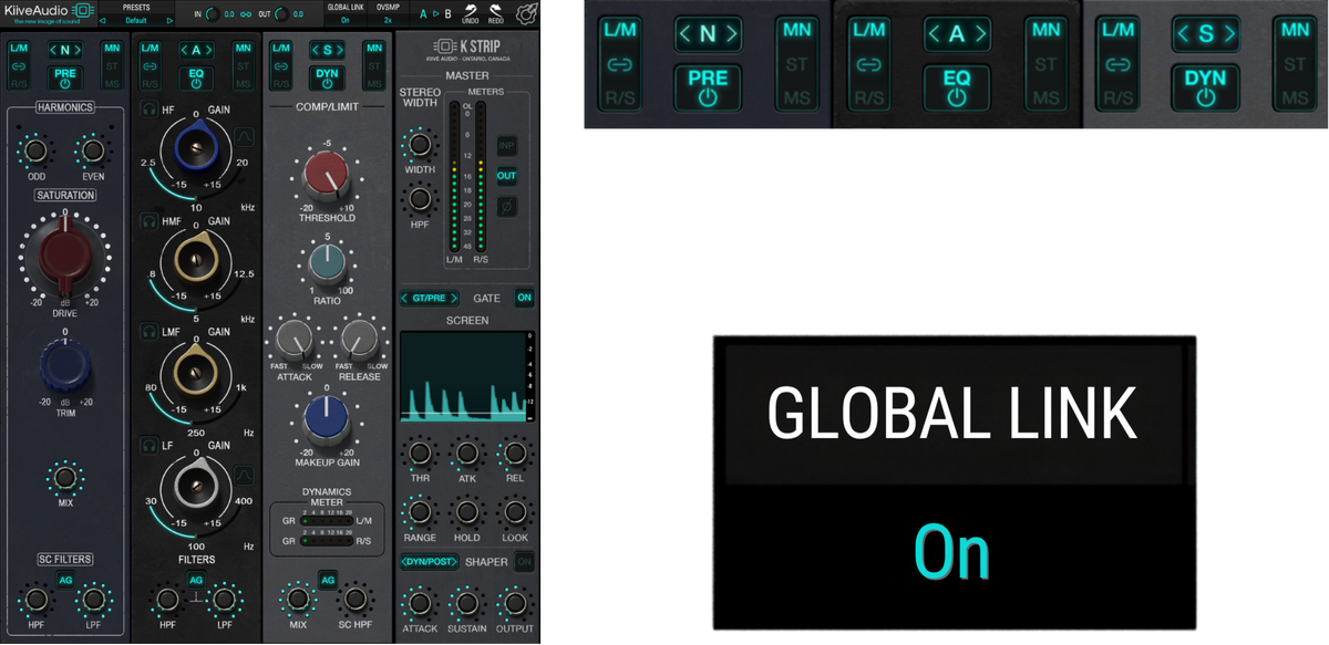 Complete current KStrip interface with enlarged genuine Global Link toolbar and PRE EQ DYN selectors