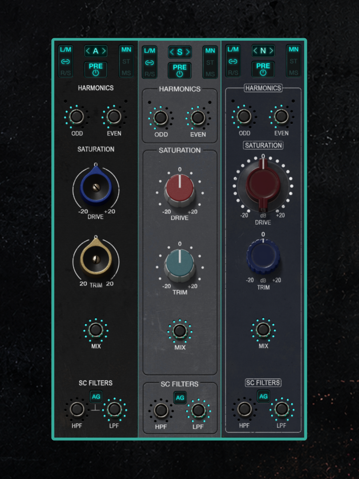 All three KStrip preamps, including complete frames and harmonic controls
