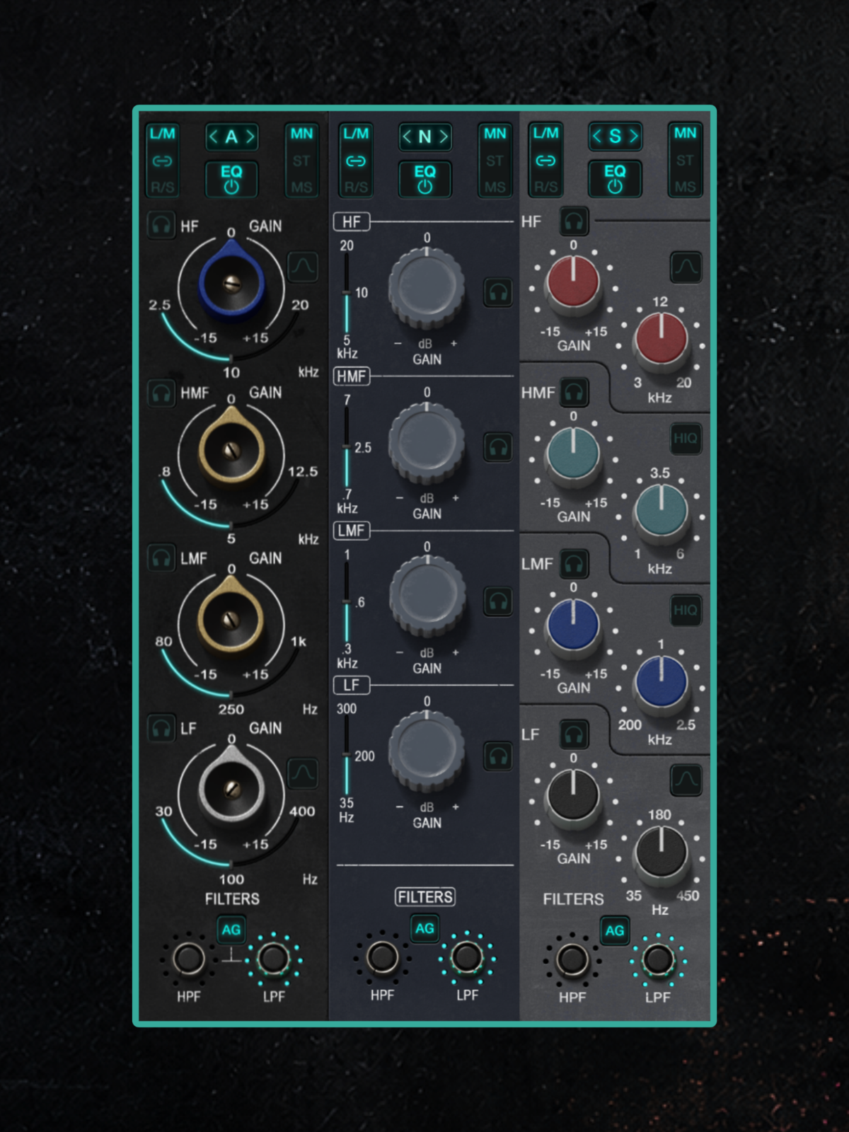 All three KStrip EQs, including complete frames and the S mid-band Hi-Q controls