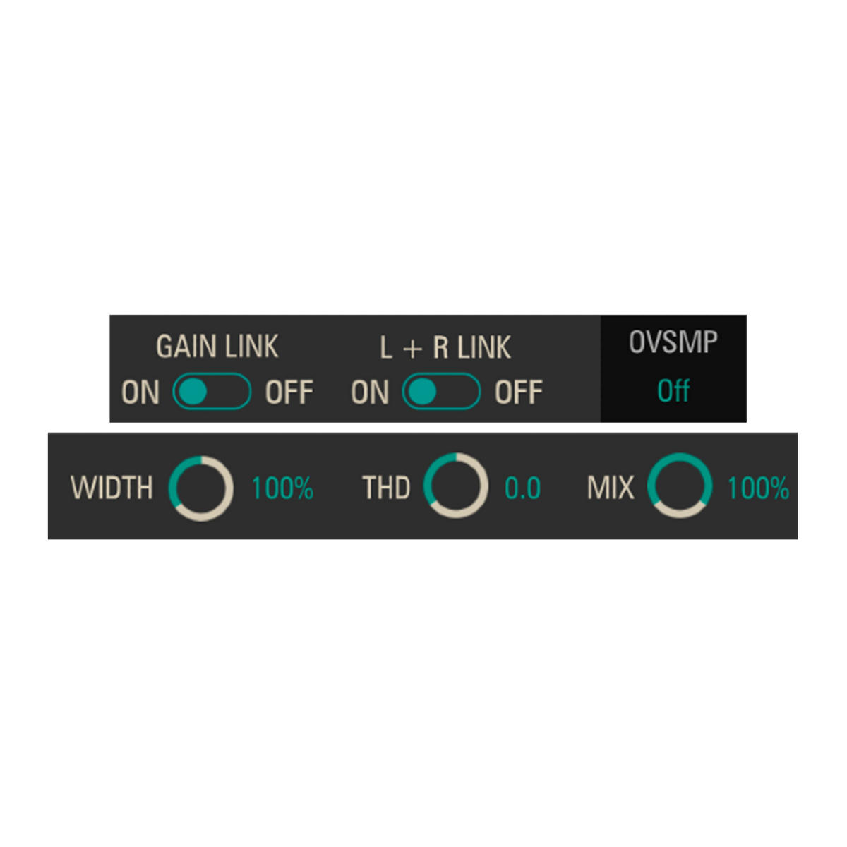 Genuine Complexx top-bar artwork with Gain Link, L+R Link, oversampling, Width, THD and Mix.