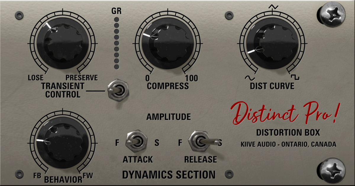 Distinct Pro Dynamics section showing Transient Control, Compress, Dist Curve, Behavior and timing switches
