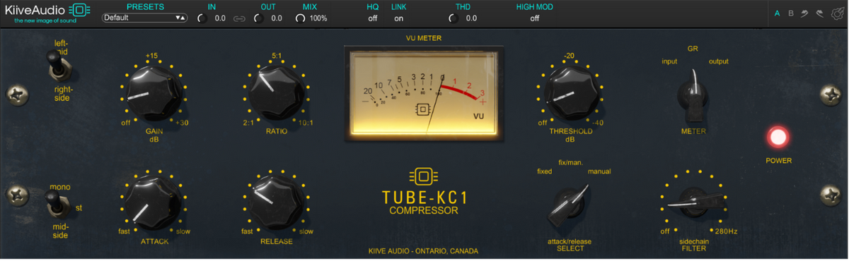 KC1 tube compressor interface with three timing modes, sidechain filter and top-bar controls