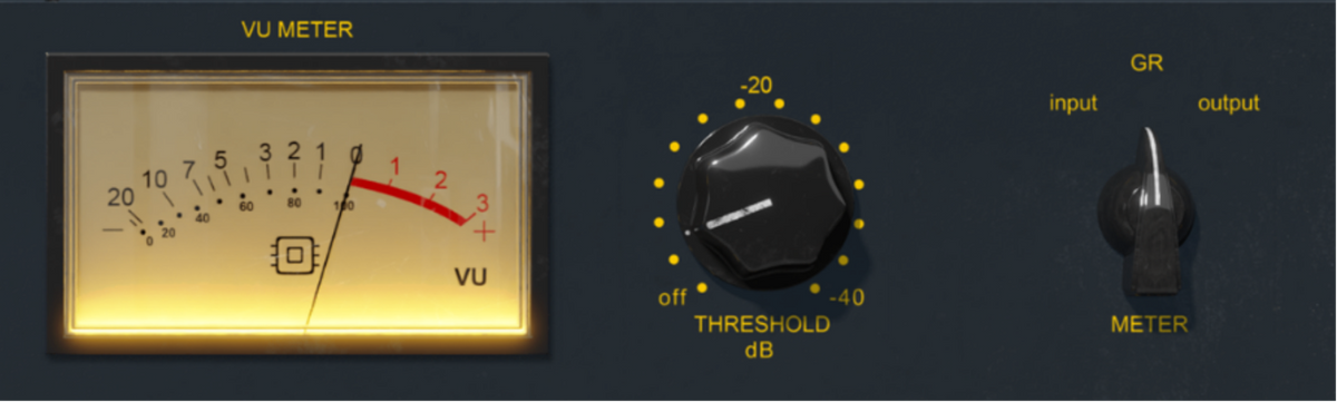 KC1 VU meter, Threshold control and input, gain reduction, output meter selector
