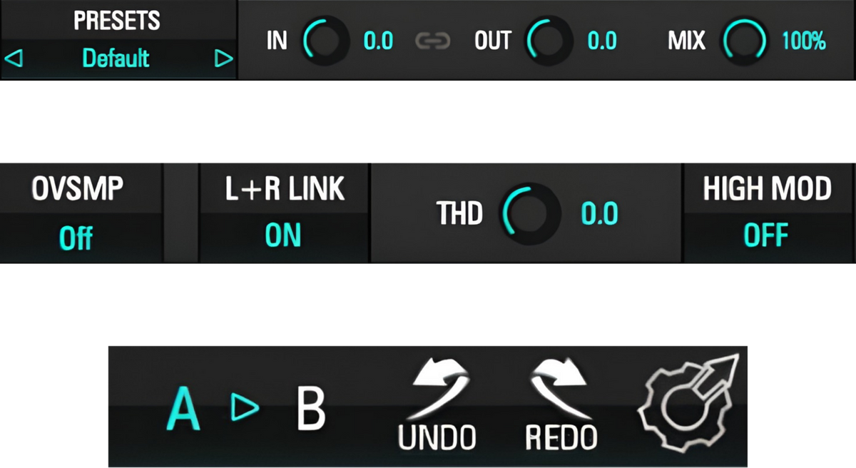 KC1 top-bar controls: presets, input, output, Mix, oversampling, L+R Link, THD, High Mod, A/B, undo and redo
