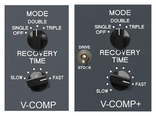 Standard and Deluxe Mode/OFF/SINGLE/DOUBLE/TRIPLE and complete Recovery Time controls; includes truthful V-COMP and V-COMP+ style labels