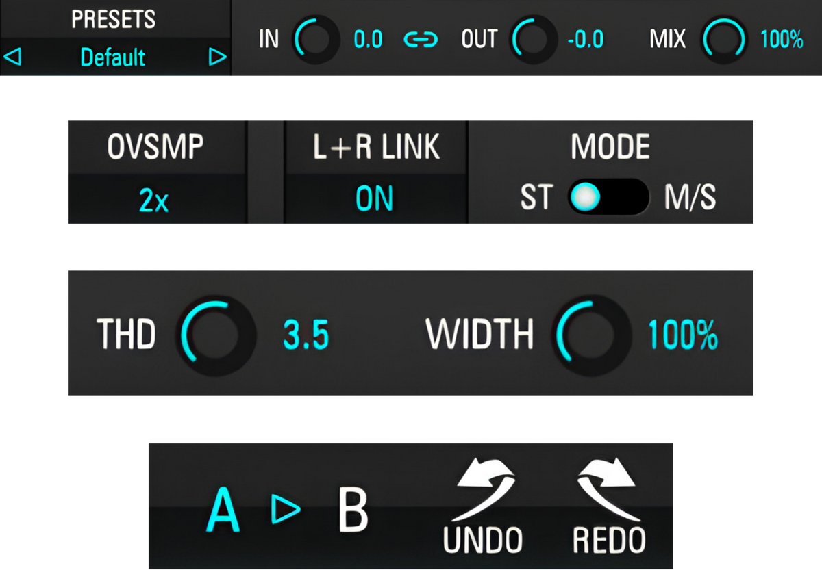 MK-609 presets, input/output, Mix, oversampling, L+R Link, Stereo and Mid/Side, THD, Width, A/B, undo and redo