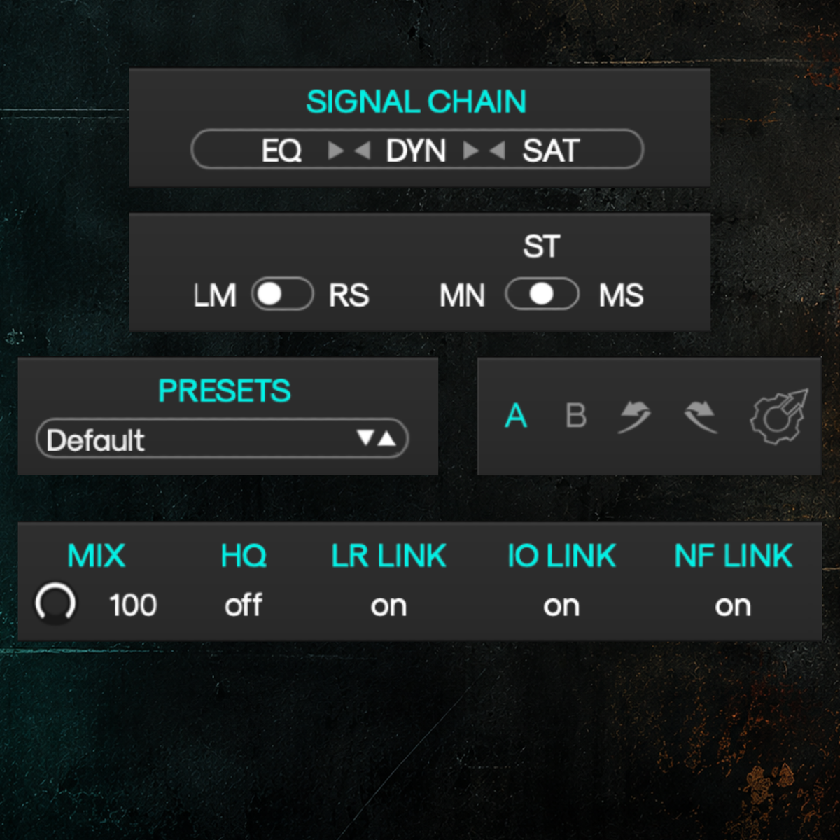 NFuse signal chain, channel modes, presets, A/B, global Mix, HQ oversampling, LR Link, IO Link and NF Link controls