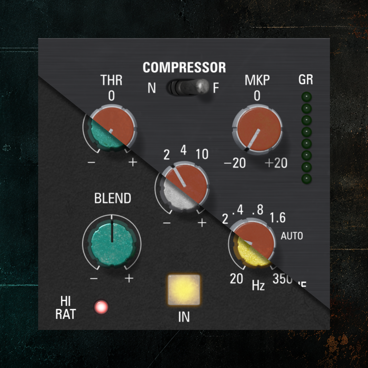 A dark gray audio compressor plugin control panel with labeled knobs including THR, N, F, MKP, GR, BLEND, HI RAT, IN, and Hz, shown on a textured dark background.