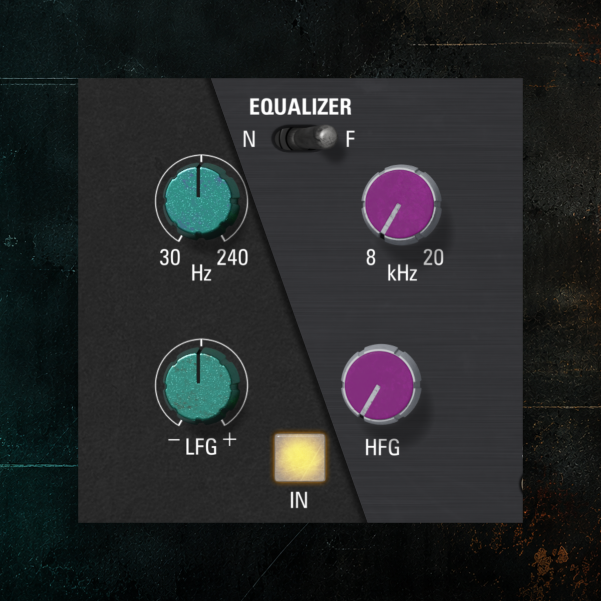 A dark gray equalizer control panel with four circular knobs labeled 30 Hz, 8 kHz, -LFG, and HFG, plus an IN input square and a toggle labeled N to F. The panel is centered on a textured black background.