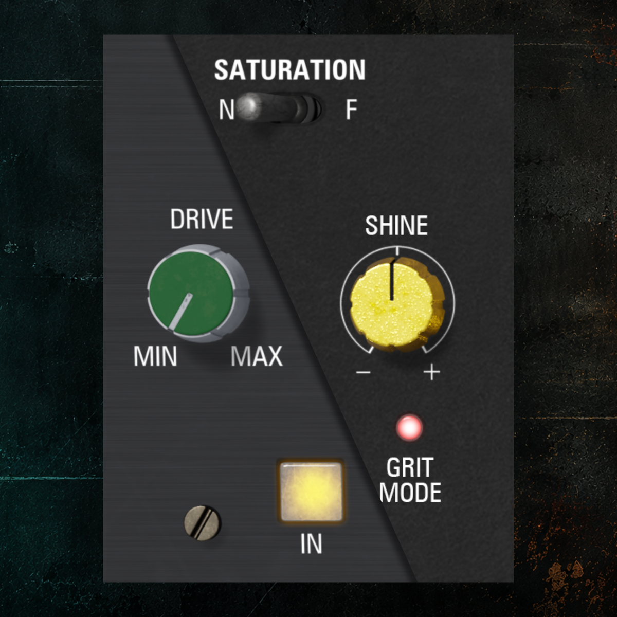 A dark gray audio effects pedal labeled 'SATURATION' with control knobs for DRIVE, SHINE, Grit Mode, and a switch labeled N to F, shown against a dark textured background.