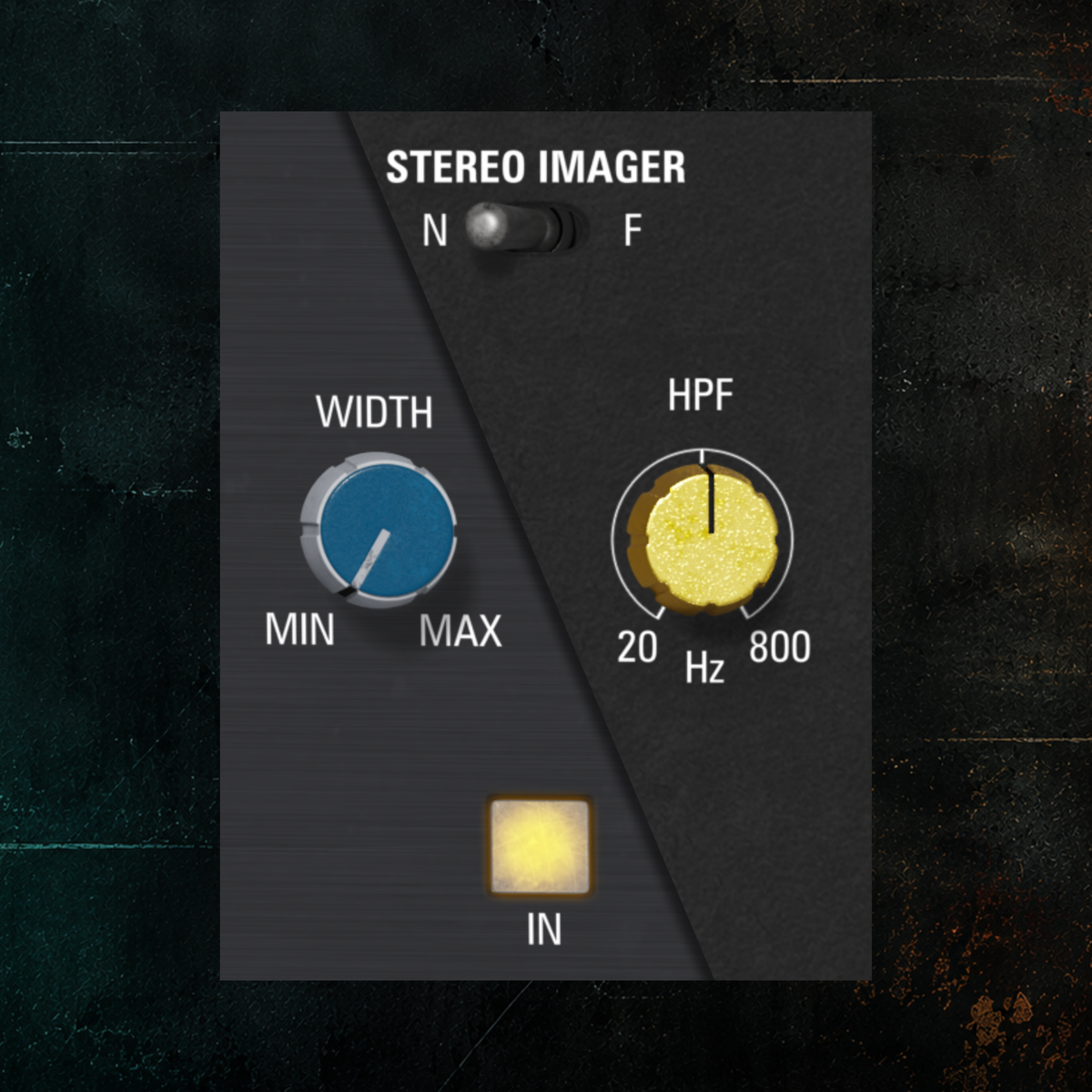 A dark gray rectangular control panel labeled 'STEREO IMAGER' with knobs for WIDTH, HPF, and IN, set against a dark textured background.