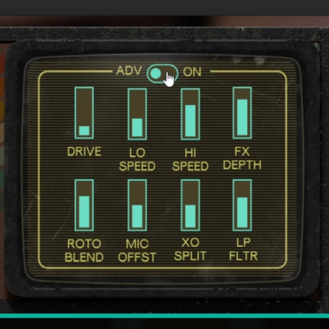 VC Rotary complete advanced menu showing Drive, Lo Speed, Hi Speed, FX Depth, Roto Blend, Mic Offset, XO Split and LP Filter