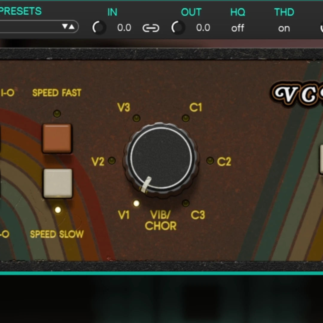 VC Rotary vibrato and chorus selector with V1, V2, V3, C1, C2, C3 and Slow and Fast switches