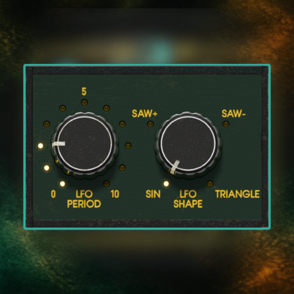 A dark green audio effects control panel with two large black knobs labeled 'LFO PERIOD' and 'LFO SHAPE', plus yellow text for 'SAW+', 'SAW-', 'SIN', 'TRIANGLE', and numbers 0, 5, 10, and 15. The panel is centered on a dark textured background with green and orange glow effects.