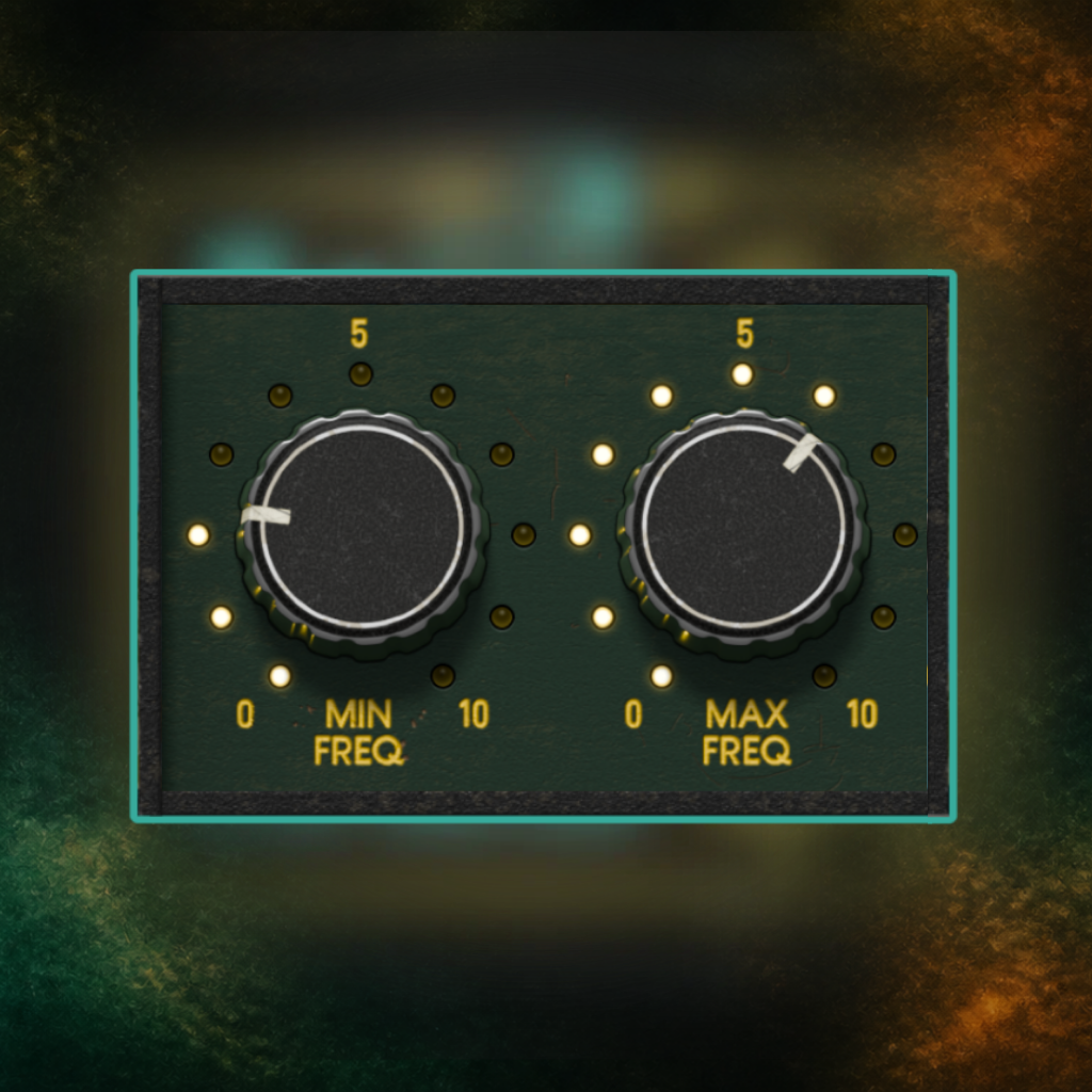 A vintage-style dual-control frequency slider panel with two black rotary knobs labeled MIN FREQ and MAX FREQ, surrounded by small illuminated dots on a dark green faceplate with a cyan border, set against a textured dark background.