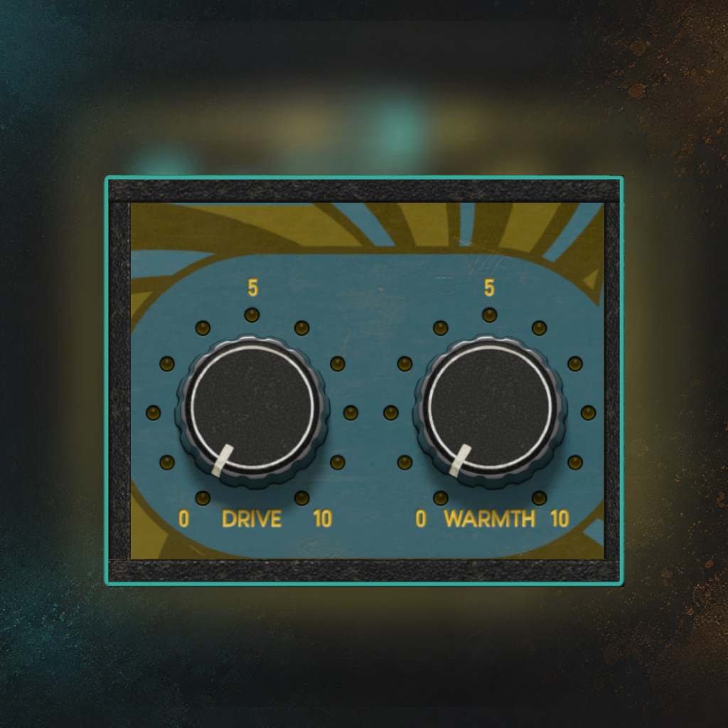 A vintage-style audio effects control panel with two black rotary knobs labeled 'DRIVE' and 'WARMTH' on a teal and gold faceplate, centered against a dark textured background.