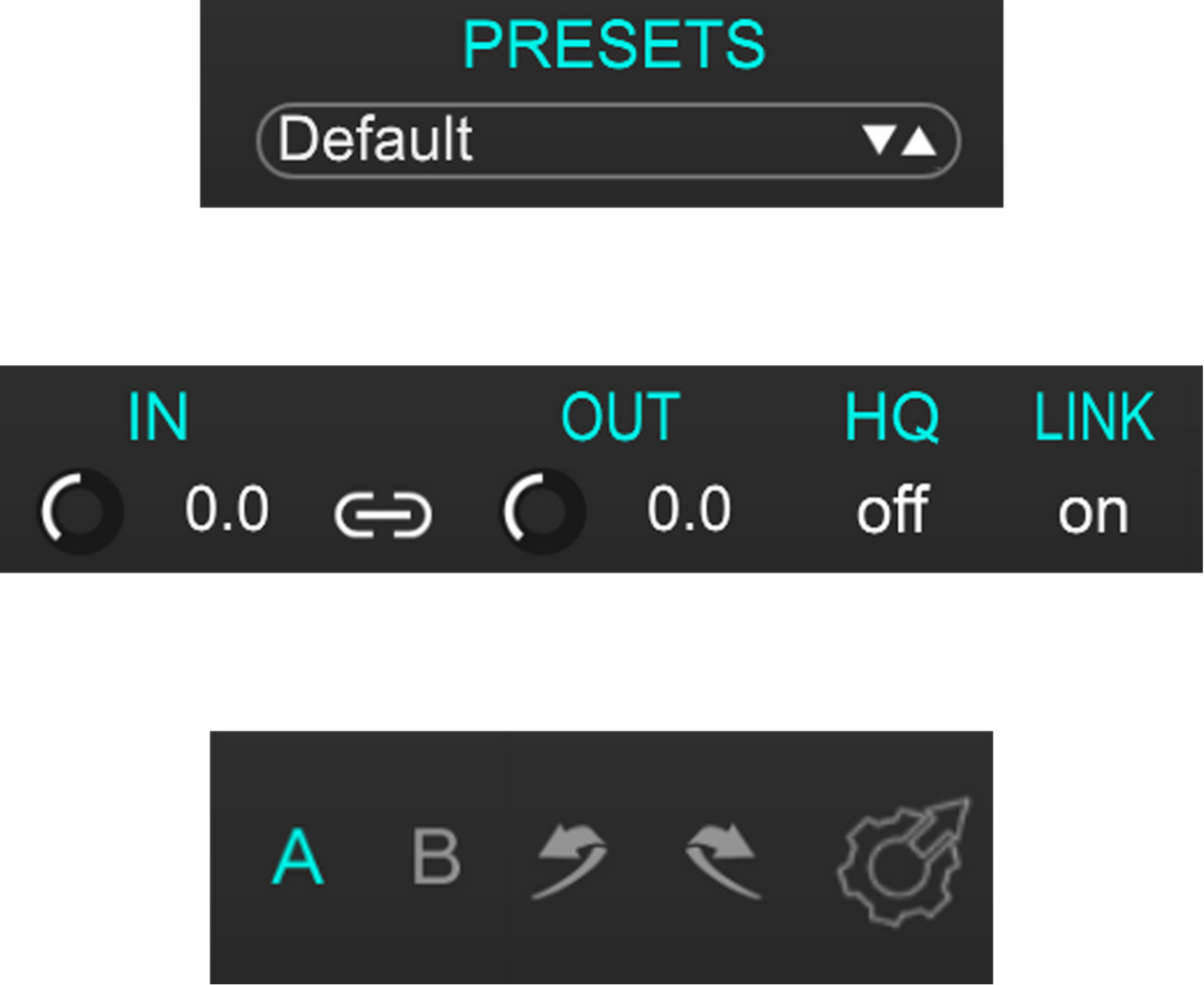 VX-Q presets, input, output, gain link, HQ, channel link, A/B, undo and redo