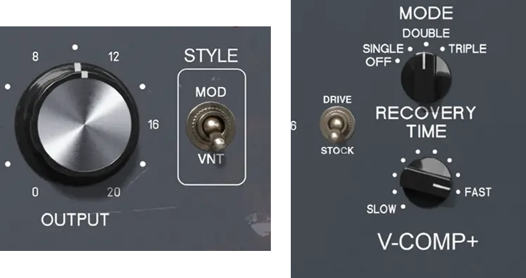 V-Comp Style selector and V-Comp+ Drive and timing controls