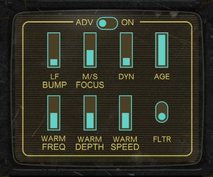Real Stereo Distortion advanced panel with Drive Focus, Dyn, Age, LF Bump and Warmth controls
