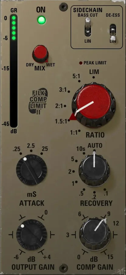 Filkchannel Compressor II with attack, recovery, ratio, Bass Cut, De-Ess and Mix controls