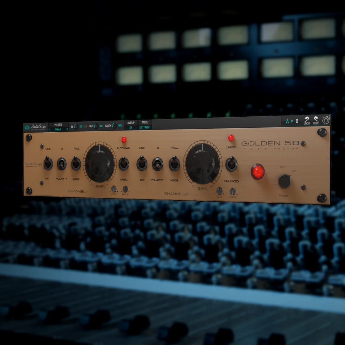 Golden58 plugin presented over a studio console, from Kiive Audio’s existing product artwork
