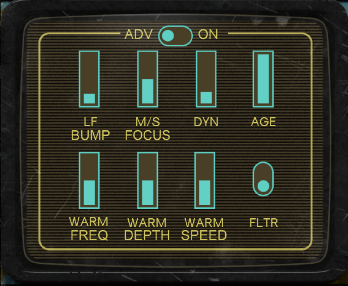Stereo Distortion advanced panel: LF Bump, M/S Focus, Dyn, Age, Warm Freq, Warm Depth, Warm Speed and FLTR.